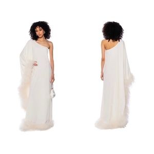 Akira One Shoulder Feather Trim Maxi Dress